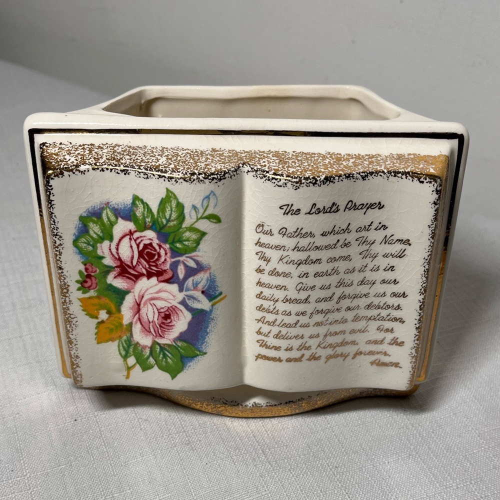 Vintage Rubens The Lords Prayer Book Shaped Planter Vase Roses Gold Trimmed